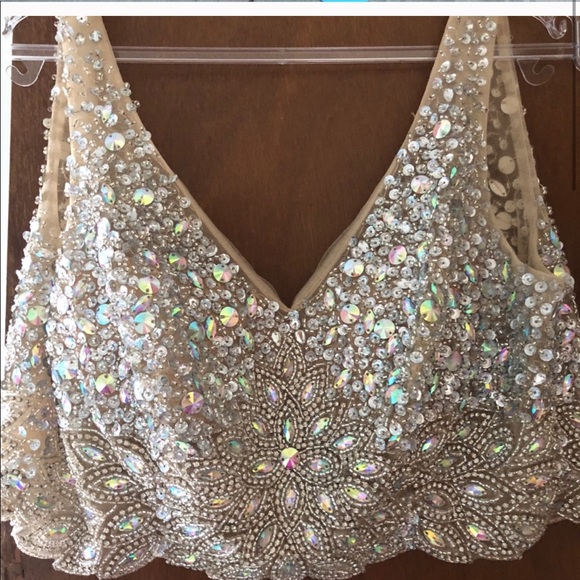 TWO PIECE WHITE GOLD SEQUIN PROM FORMAL DRESS - Picture 3 of 8